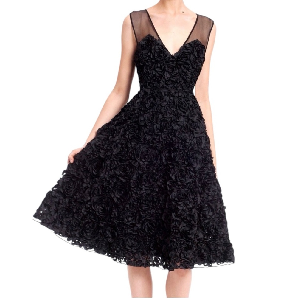 Anthropologie Black Rosette Midi Dress with Sheer Yoke